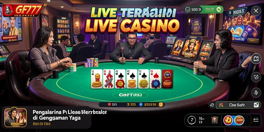 Tangkapan layar GF777 menampilkan dealer profesional sedang bermain Live Casino.