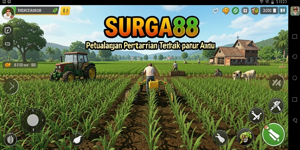 Tampilan gameplay SURGA88 dengan lahan pertanian yang subur dan warna-warni.