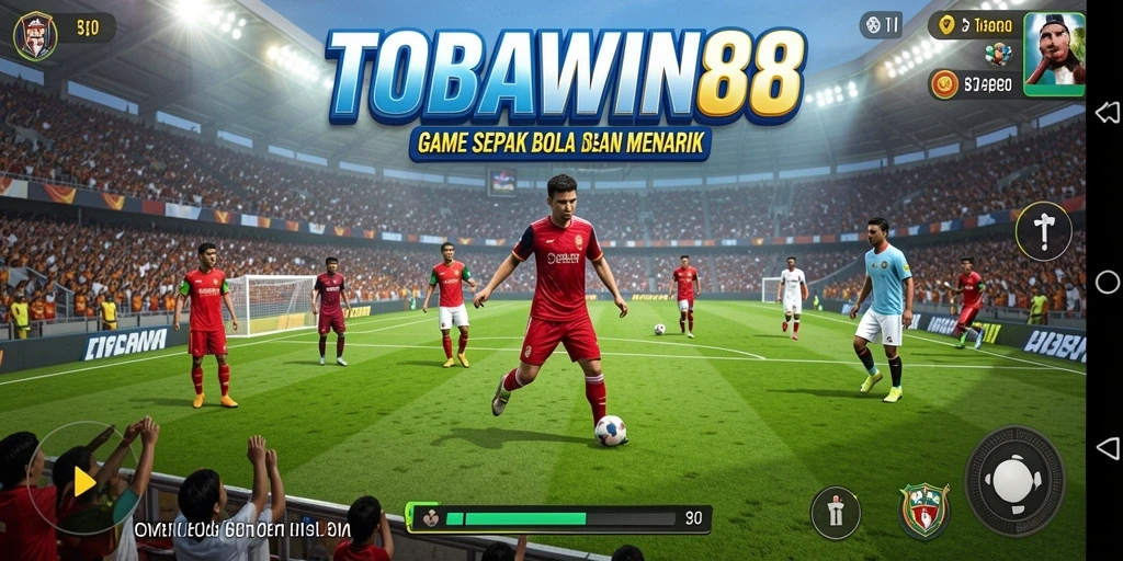 Screenshot gameplay TOBAWIN88 menampilkan aksi seru di lapangan sepak bola.